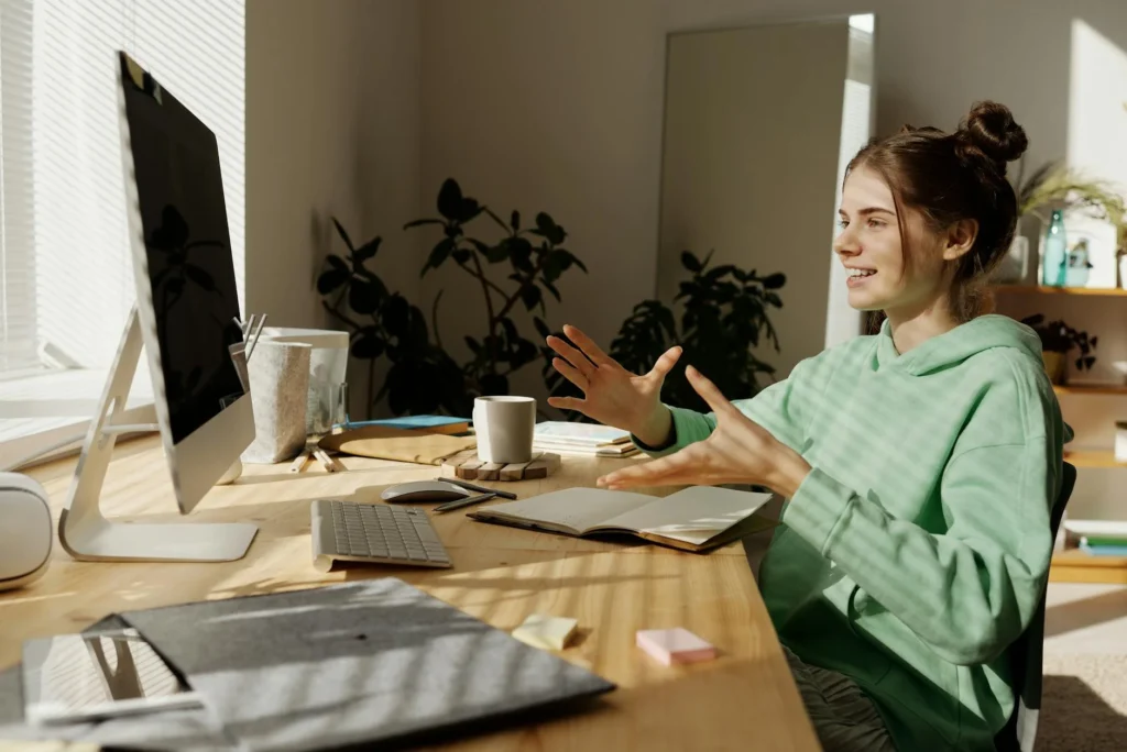 woman explaining something over virtual call
